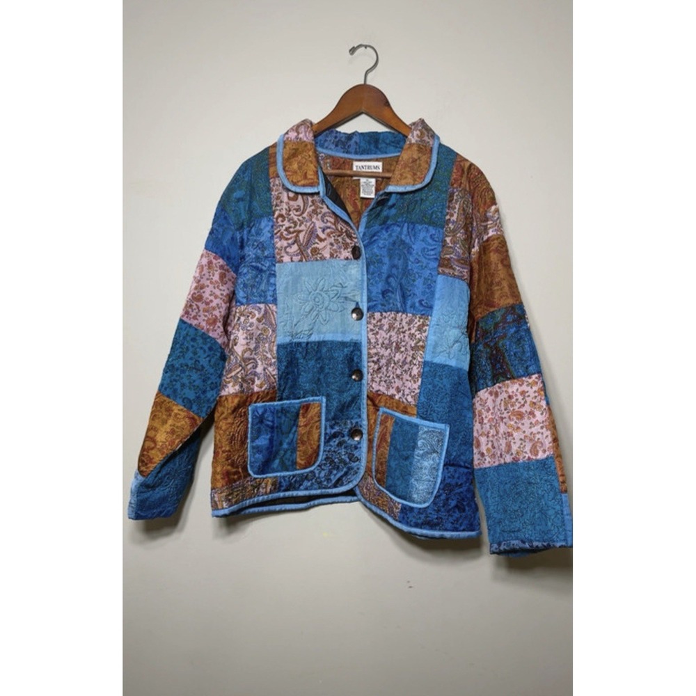 Tantrums Collection Silk Patchwork Quilted Jacket Womens XL Boho Paisley India